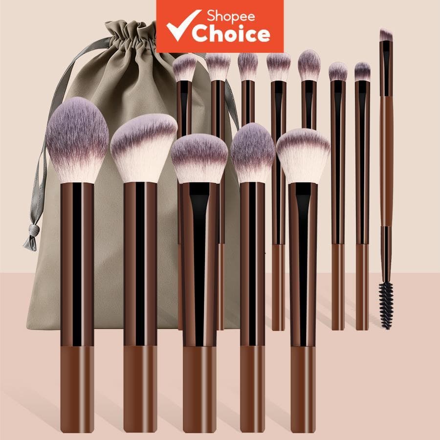 Conjunto De Pincéis De Maquiagem De Cabo Longo De 14 Peças : 13 + Bolsa Macia Ferramentas Para Pó , Blush , Sobrancelha