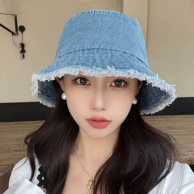 boné boné feminino Ins Desfiado Denim Mulheres Primavera Verão Chapéu Balde de Cor Sólida