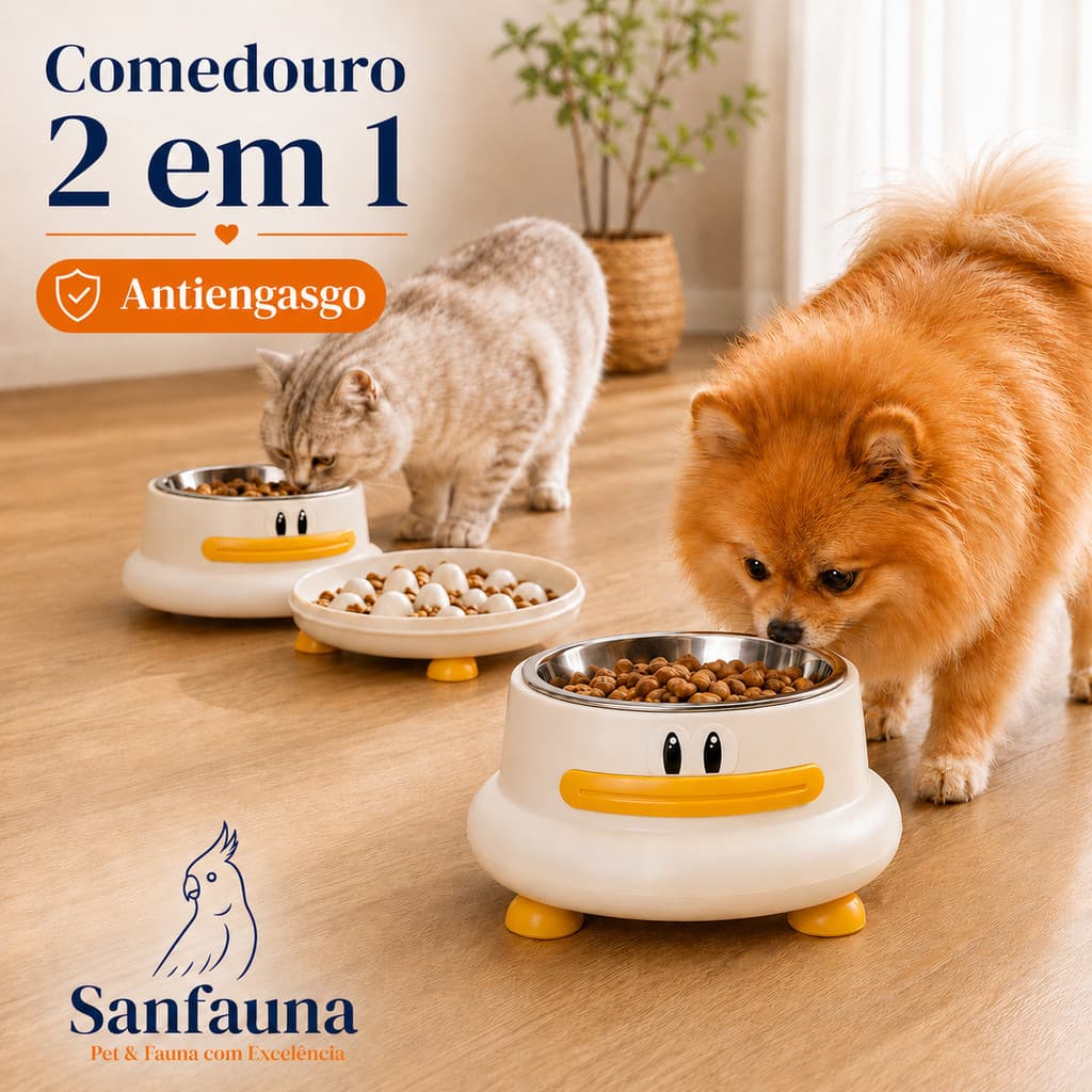 Comedouro Bebedouro Elevado Para Cachorro e Gato de Patinho 2 em 1 - Tigela Inox Comedouro Lento