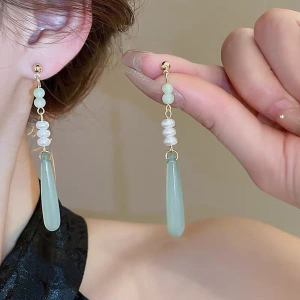 | 【cartelas de brincos feminino】 | kit brinco aço inoxidável ❖Novo estilo chinês Jade longo borla brincos temperamento d