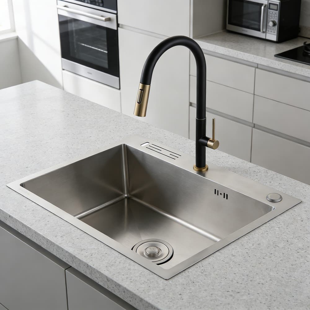 Kit Cuba Cozinha 60x45cm Inox Porta-Facas Torneira Gourmet Quente Fria Retrátil