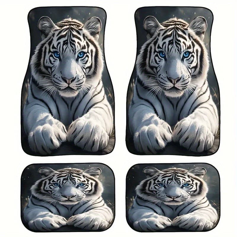 Conjunto de tapete de carro com padrão de tigre branco de 4 unidades - tapete moderno, com Design de tigre realista, ade