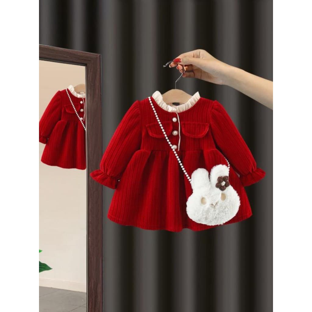 Meninas roupas de inverno forro de lã vestido 2025 novo estilo bebê estilo grosso vermelho festivo ano novo roupas vesti