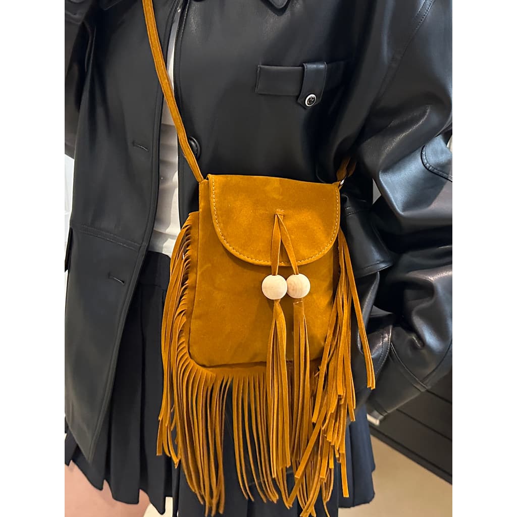 Bolsa bolsa feminina Férias viagem frisado camurça pequena borla saco do telefone móvel 2025 novo estilo pequeno saco de