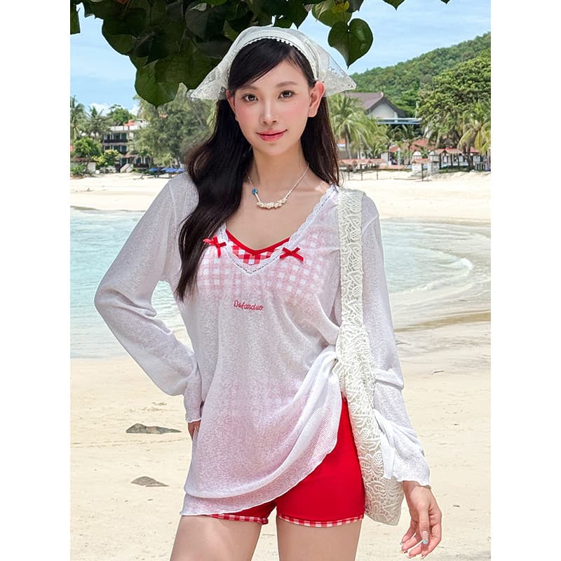 2025 novo estilo maiô feminino dividido de três peças blusa de manga comprida protetor solar capa barriga mais magro olh