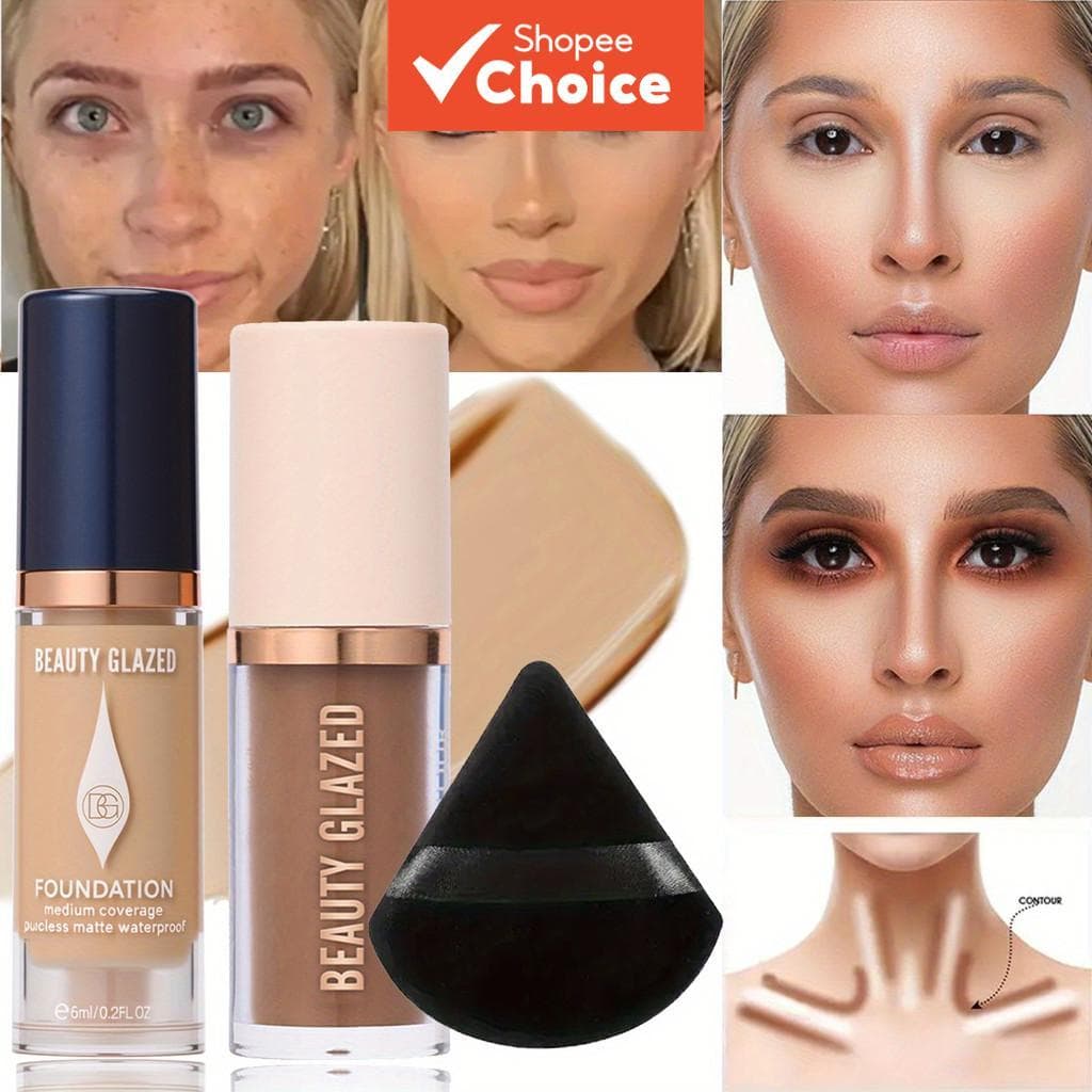 Conjunto de Maquiagem 3 Peças: Base Líquida, Contorno Líquido e Esponja Triangular Preta para Cobrir Olheiras