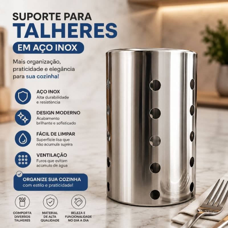 Suporte para Talheres em Aço Inox Escorredor Organizador de Bancada Porta Talheres Resistente para Cozinha