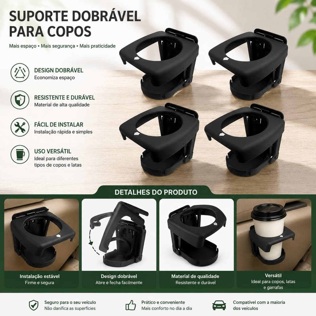 Kit 4 Suportes Porta Copos Automotivos Universais | Fixação Estável para Carros, Caminhões, Latas e Garrafas