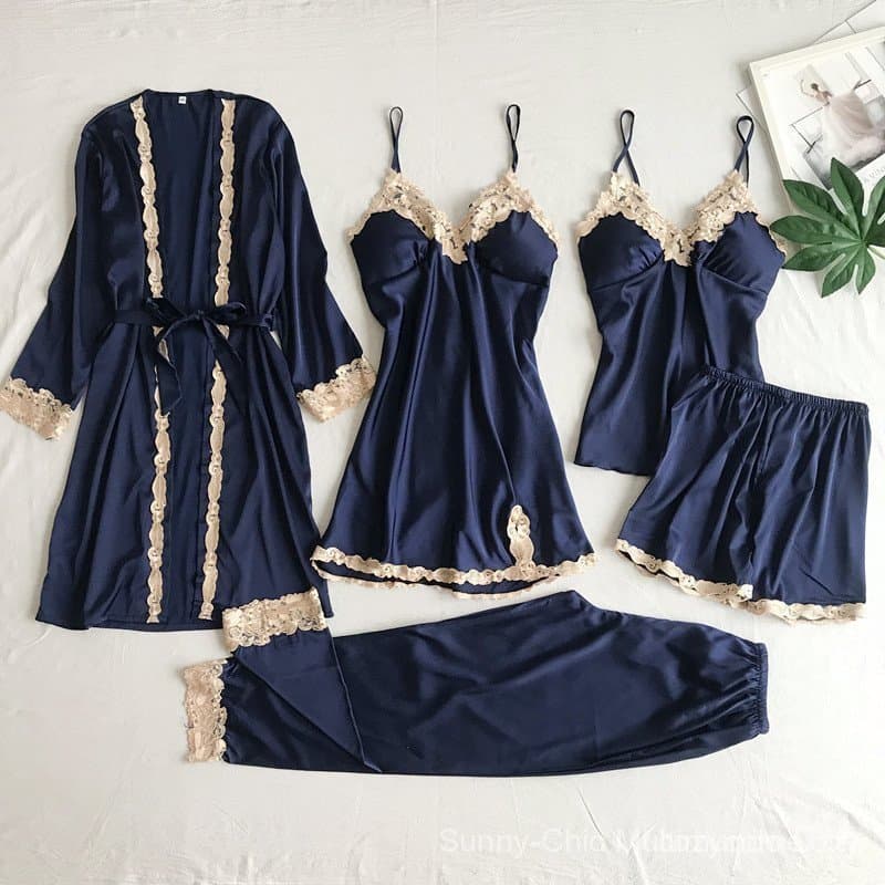 Conjunto De Pijama Feminino Renda Cetim Pijamas Femme Verão Com Calças Casual Casa Wear Quimono Robe Vestido