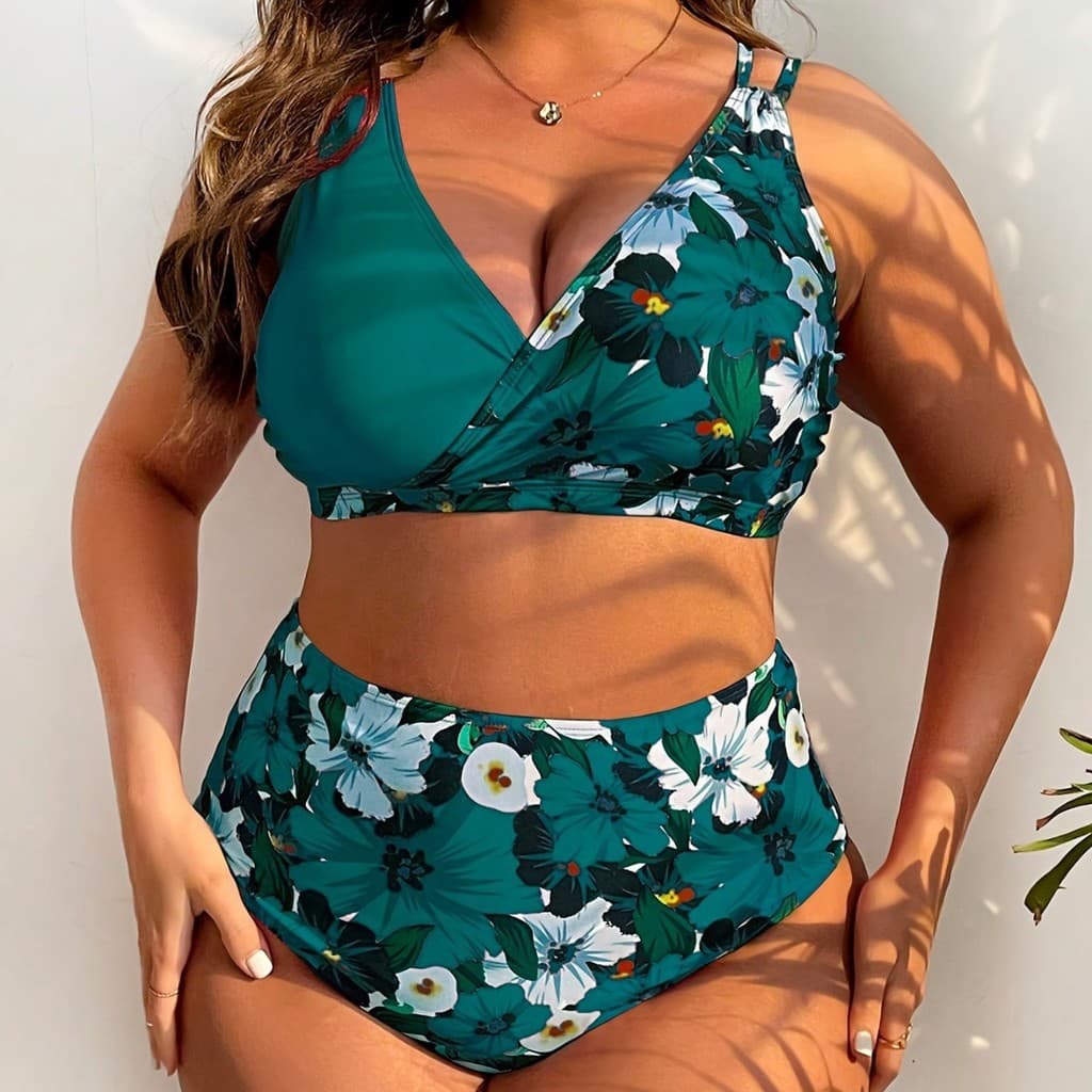 Europeu americano plus size maiô costura flor impressão maiô feminino biquíni plus size maiô 6xl