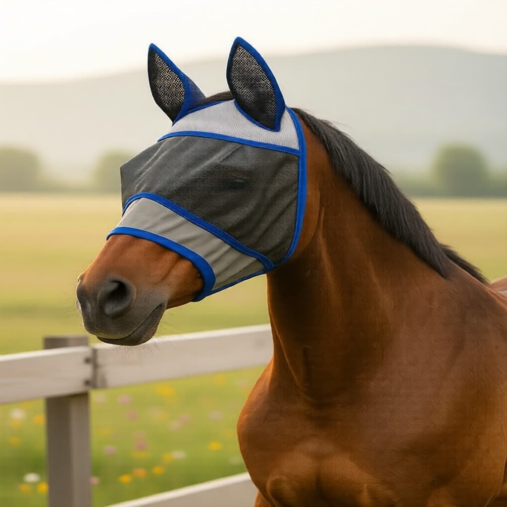 Máscara Facial Inteira para Cavalo Contra Moscas – Malha Respirável com Orelhas, Borda Azul, Conforto para o Dia Todo