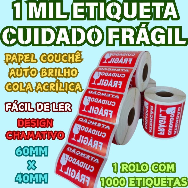 1 Rolo Com 1000 60mm x 40mm Etiqueta Cuidado Frágil Design Chamativo Papel Adesivo De Alta Qualidade