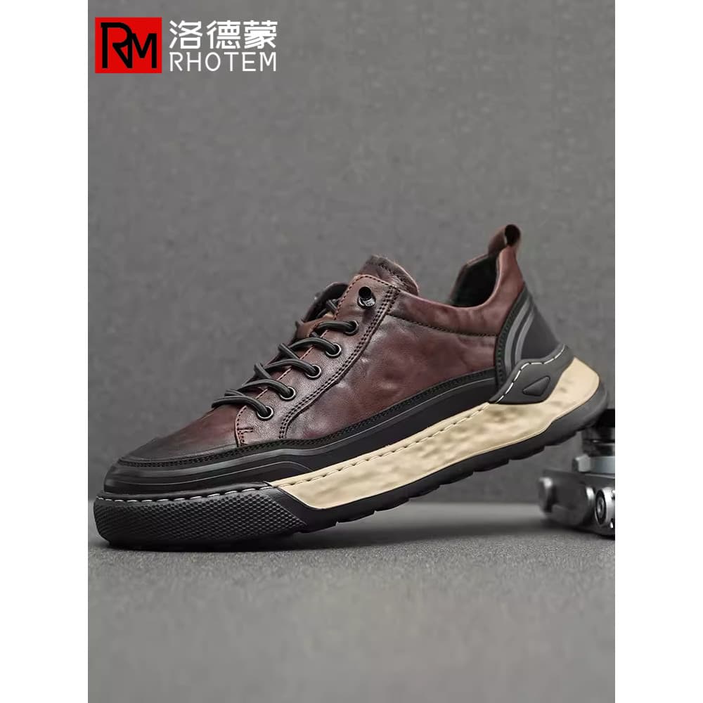 Francês RHOTEM esportes sapatos casuais masculino 2026 novo estilo outono inverno mais veludo couro genuíno de sola gros