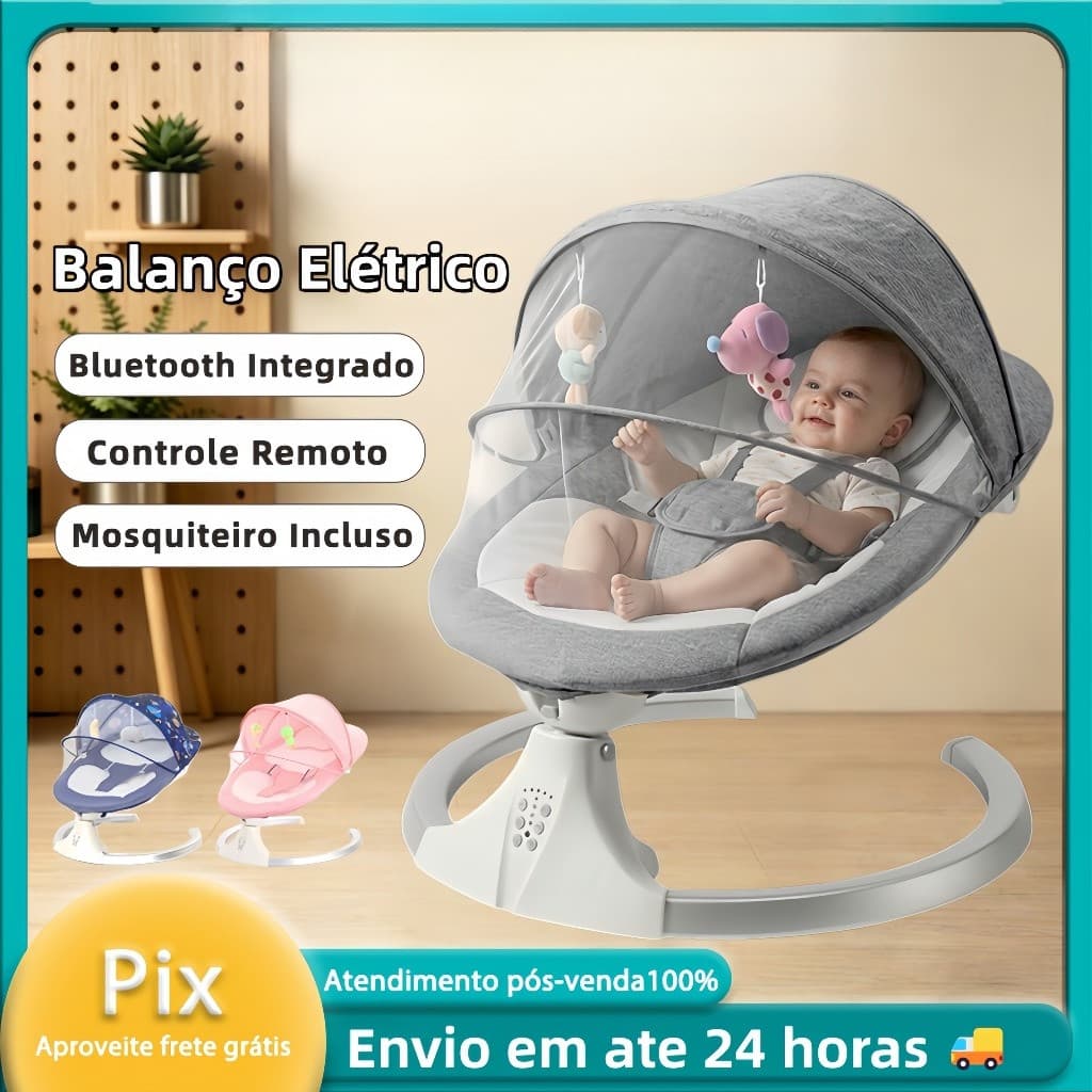 Cadeira De Descanso Balanço Elétrica Para Bebê Com Bluetooth Controle Remoto E Mosquiteiro Sono