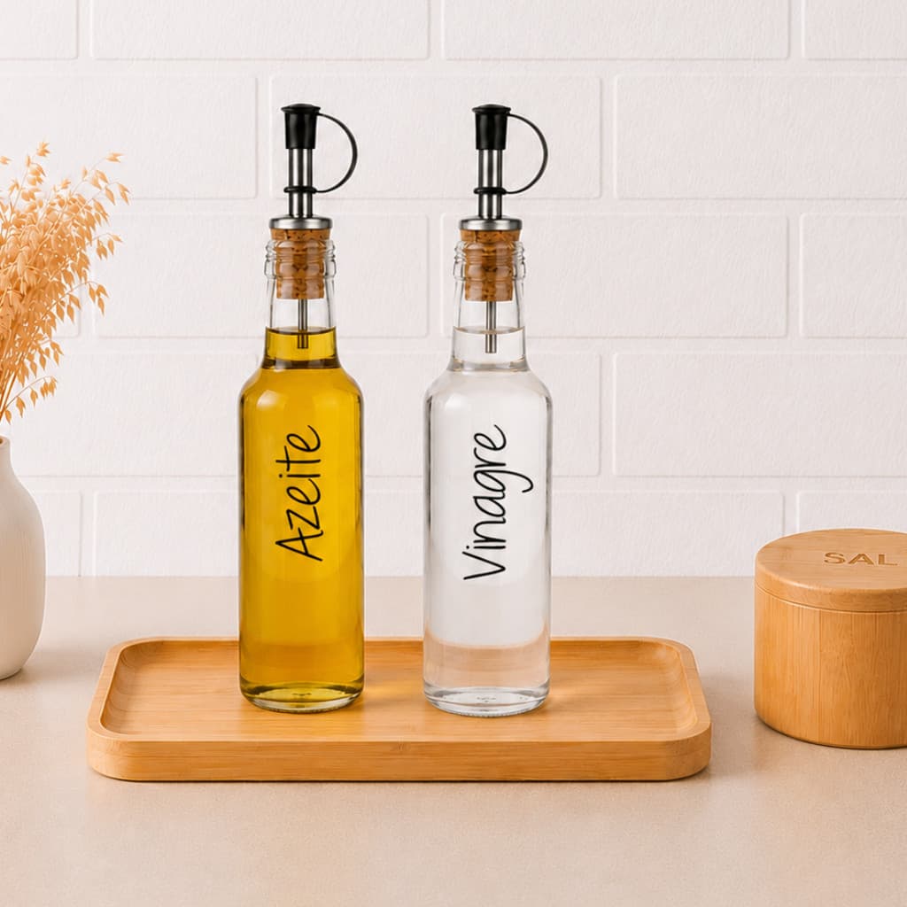 Kit 2 Galheteiros de Vidro 250 ml | Bico Dosador Cortiça | Vinagre | Azeite