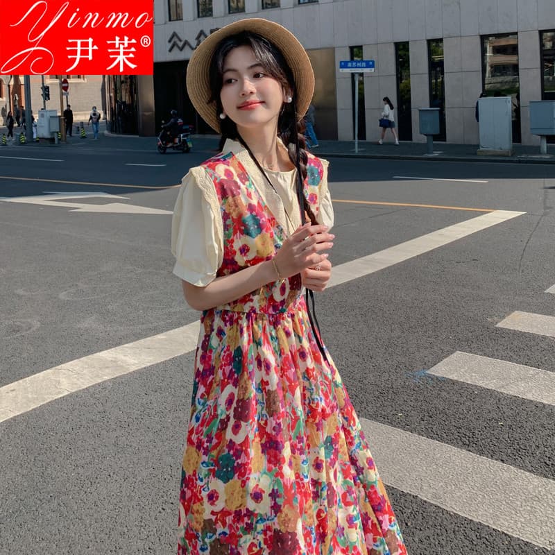 Verão dopamina Floral vestido suave feminino 2024 novo estilo chique nicho doce redução de idade saia longa de cintura e