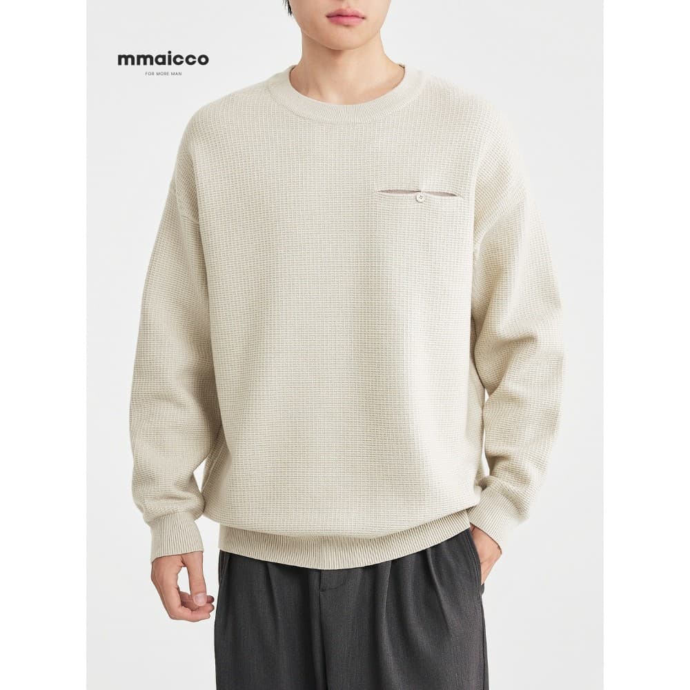 Momaike roupas masculinas textura simples camisola de fundo masculino 2025 inverno novo estilo botão decoração malhas ja