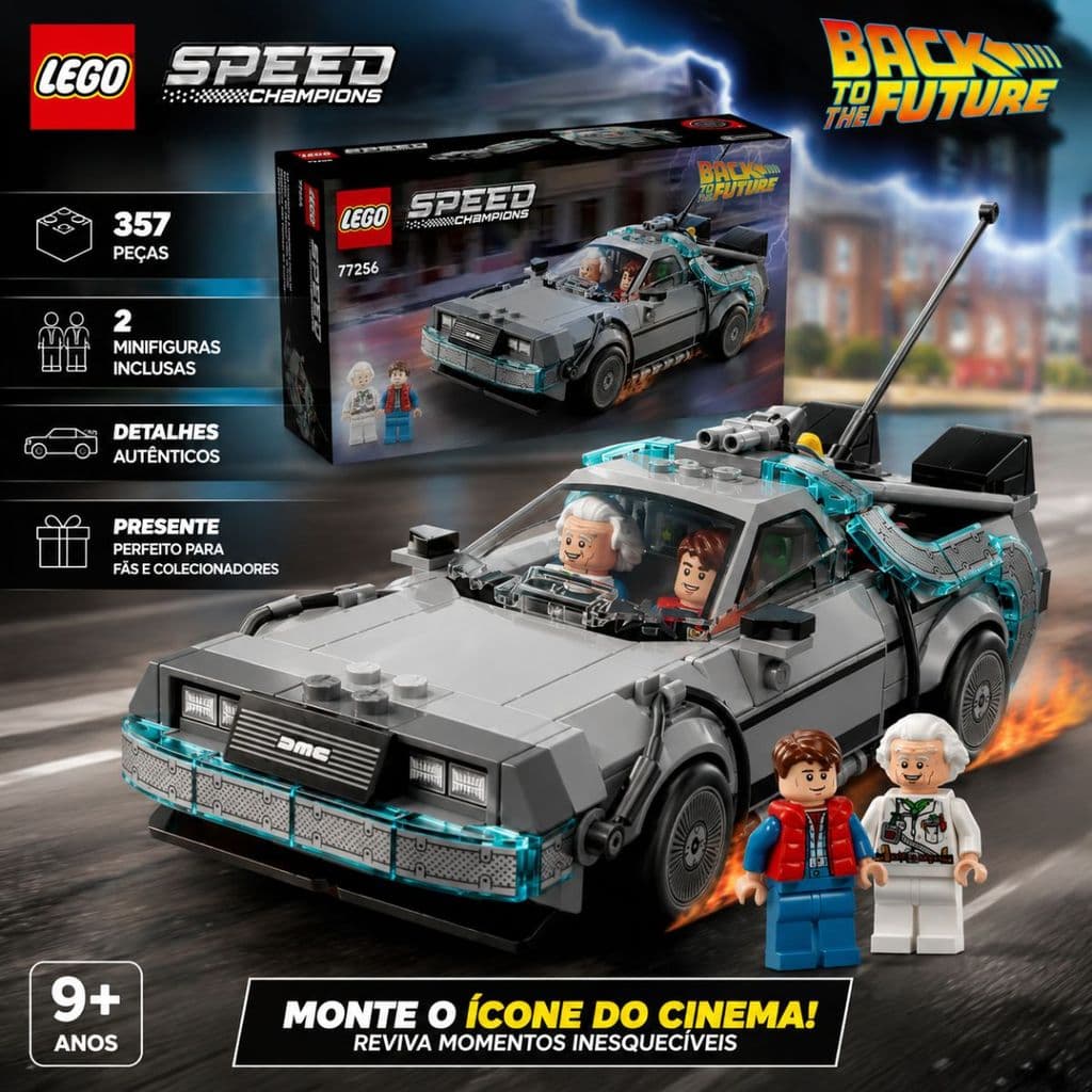 LEGO Speed Champions 77256 DeLorean De Volta Para o Futuro 357 Peças Original 2 Minifiguras 9+ Anos