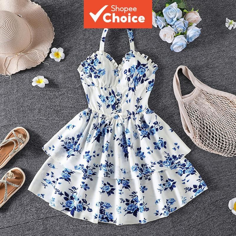 Vestido halter azul com flores para meninas 8-12 anos, cintura franzida, saia em camadas, fofo e elegante para o dia a