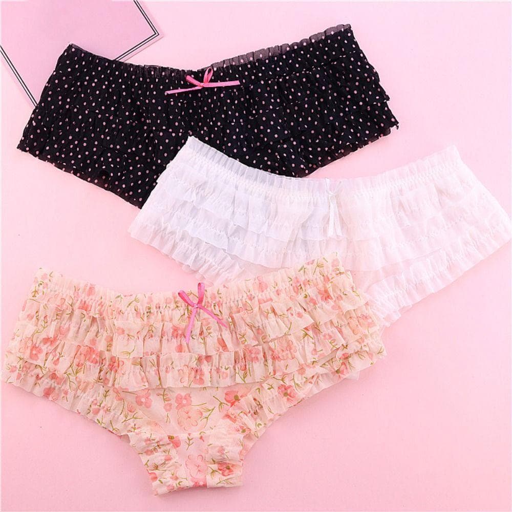 Calcinha Feminina , Malha Com Laço Doce Cintura Baixa , Bolinhas Estampadas , Babados De Renda Fofos , Roupa Íntim