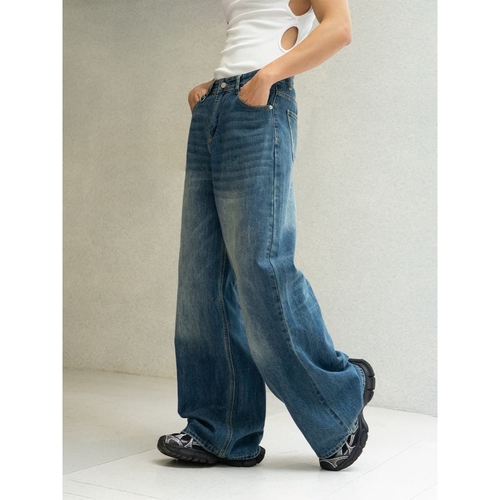 CLP Azul Gato Bigode Lavado Solto Retro Jeans Masculino Solto Perna Larga Reta Casual Na Moda Desvanecendo Baiacu Bonito