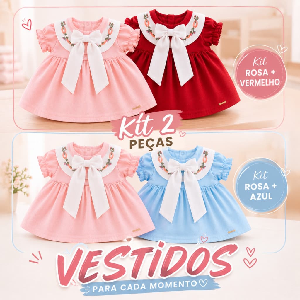 Kit 2 Vestido Infantil Bebê Manga Com Bico Laço Frontal Grande Kits Vestidinhos Kids Para Meninas