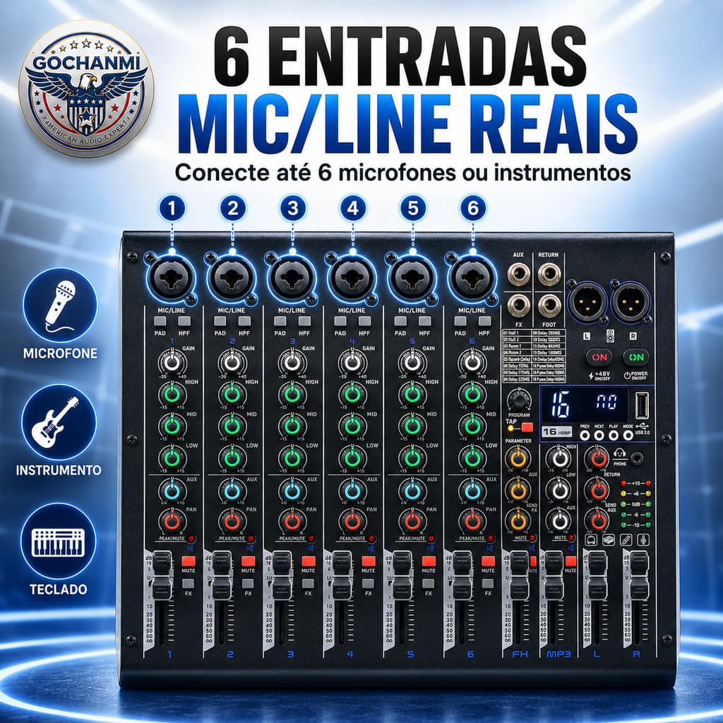 Mixer de Áudio 6 Canais BW6 com USB Bluetooth Efeitos DSP para Igreja e Eventos