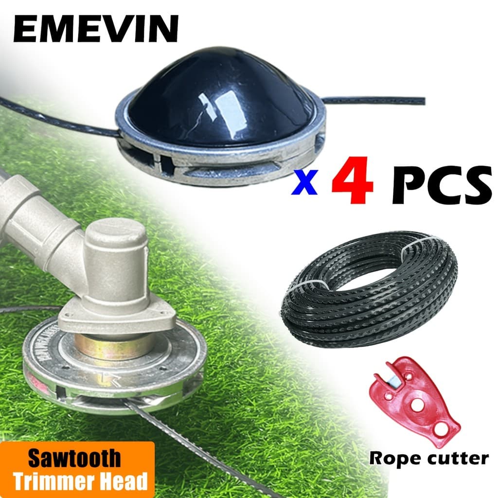 EMEVIN-4 peças de cabeça de grama de cúpula de fio duplo de alumínio + corda de serra de reposição + cortador de corda,