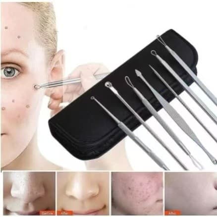 Kit 7 Extratores de Cravos e Espinhas em Aço Inox Profissional Ponta Dupla Removedor de Acne Limpeza de Pele com Estojo