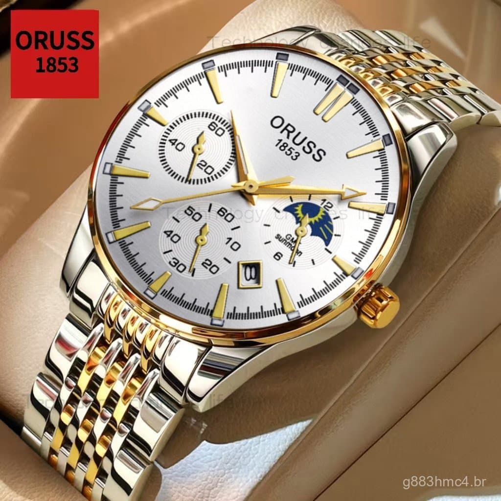 Relógio de Pulso Masculino ORUSS Original de Luxo em Aço Inoxidável com Calendário, Luminoso, à Prova d'Água, Analógico,