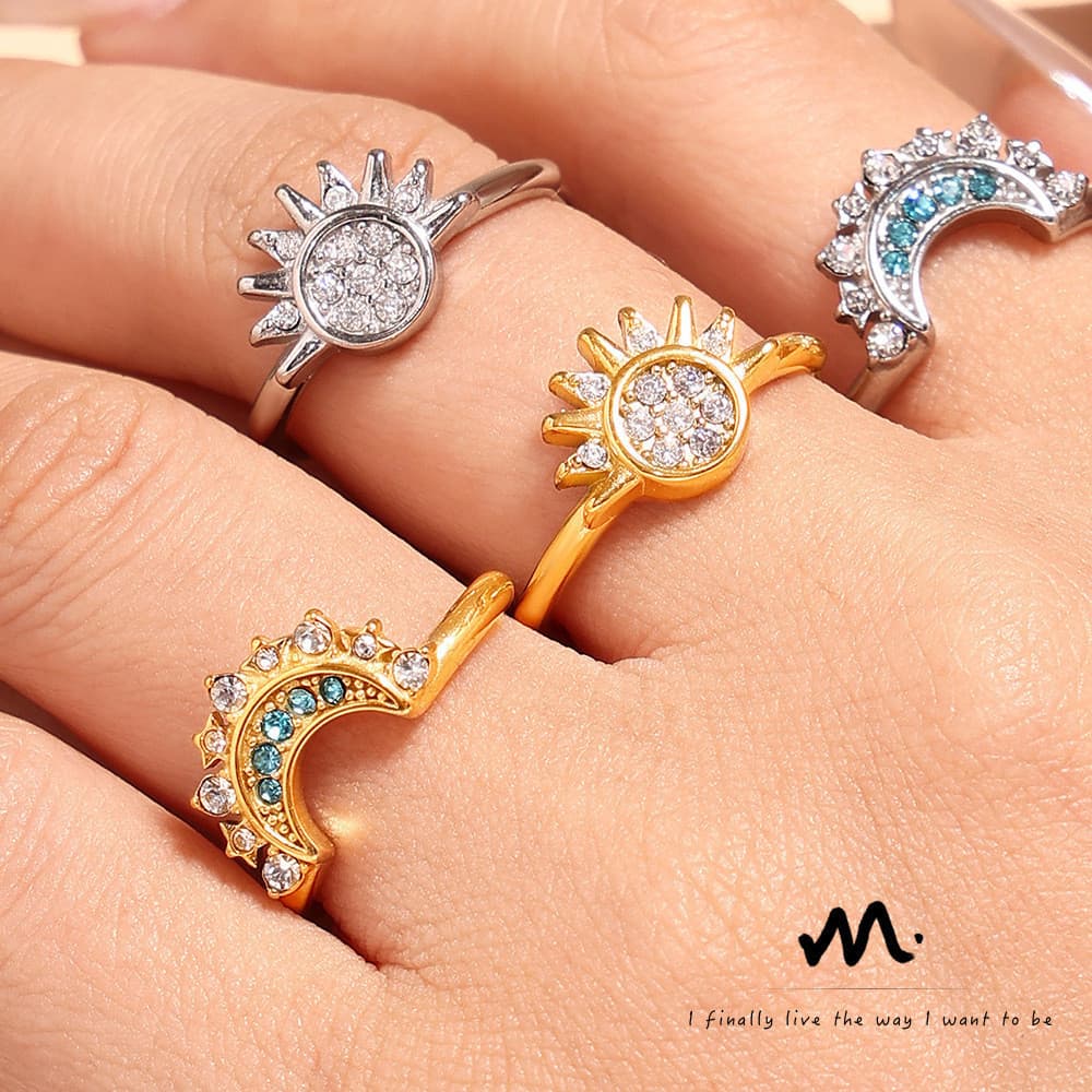 Anel de zircônia sol e lua, estilo ins, ultrafino, ajustável, em aço titânio, anel de falange, atacado OMLO