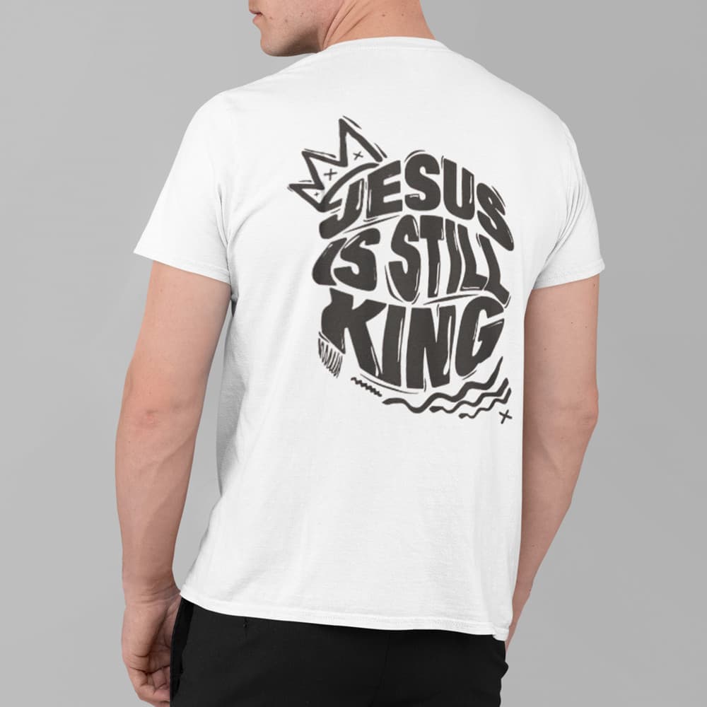 Camiseta branca/ básica/ dia a dia/ manga curta/100%algodão/frase "Jesus is still king"
