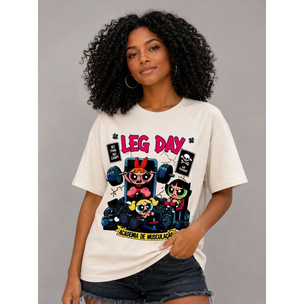 Camiseta Blusa T-Shirt Feminina Meninas Super Poderosas Leg Day Academia 100% Algodão Malha Penteada  Qualidade Premium