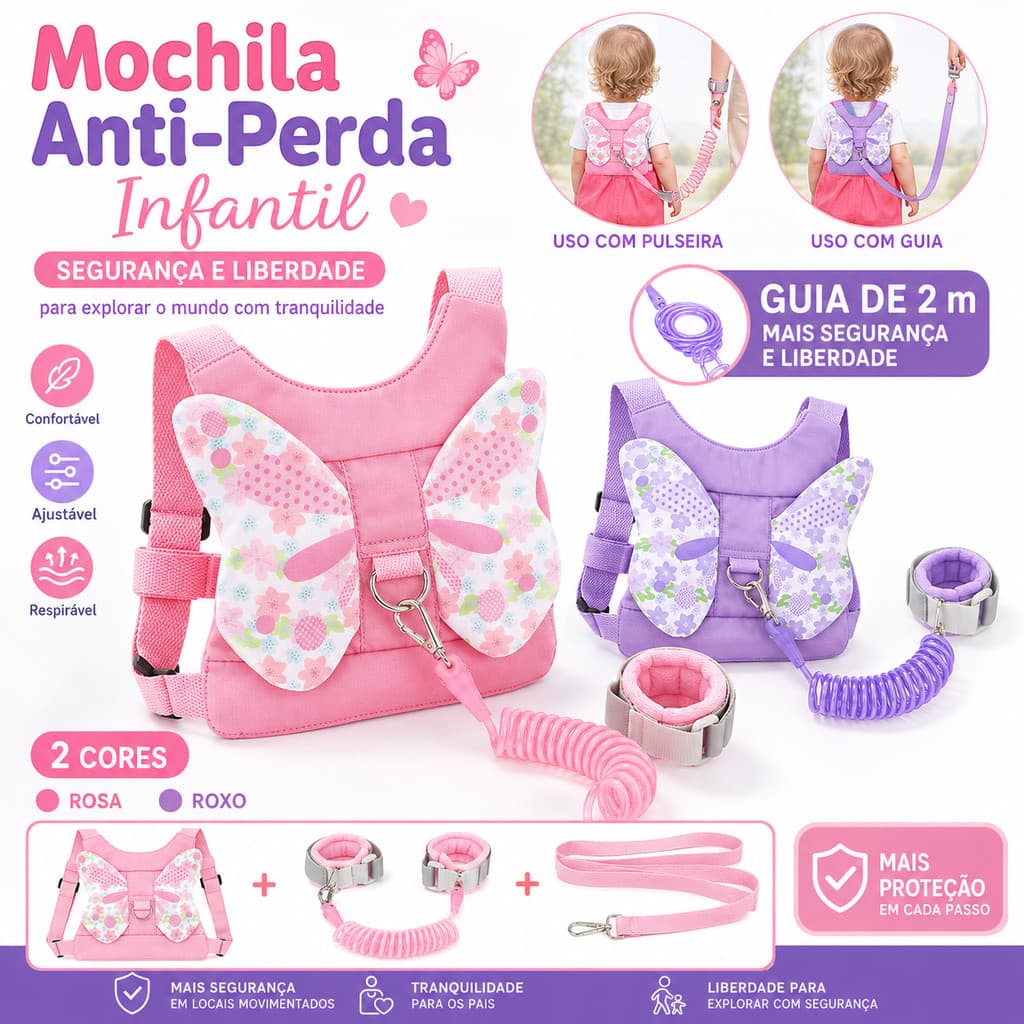 Mochila Infantil Borboleta Com Arnês Ajustável Para Crianças De 1 A 6 Anos