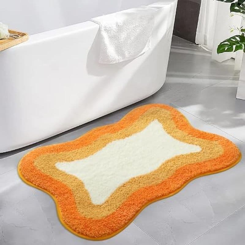 Tapetes De Banheiro Laranja HAOCOO Antiderrapantes Laváveis , Macios De Pelúcia Formato Irregular Tapete De Banho Antide