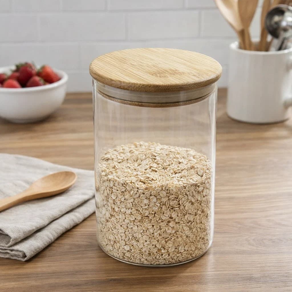 Pote de Borossilicato com Tampa de Bambu para Conservação de Alimentos