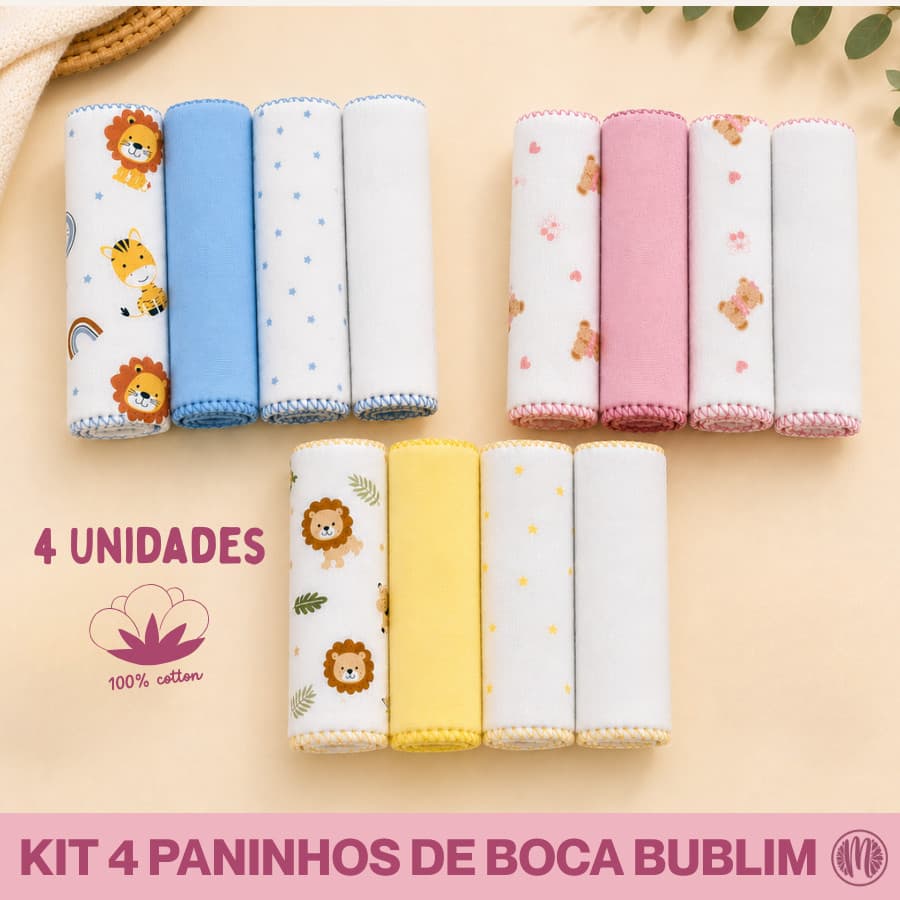 Paninho de Boca Bebê 4 Unidades 100% Algodão 34x34cm Bublim