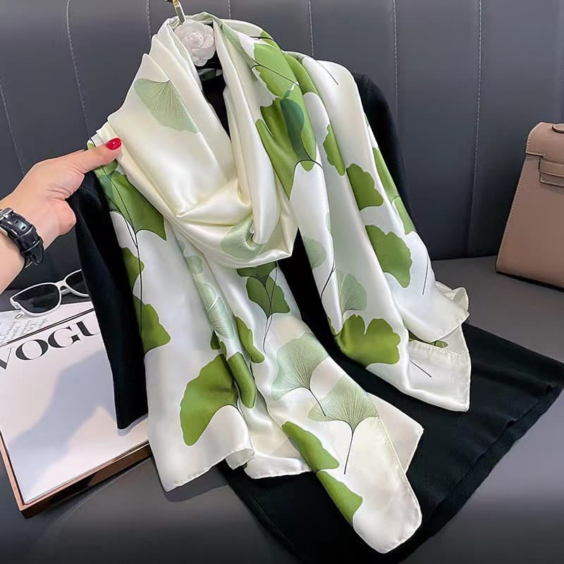 Lenço de Seda com Estampa de Folha de Ginkgo Primavera Novo para Mulheres, Quente e à Prova de Vento para Outono e Inver