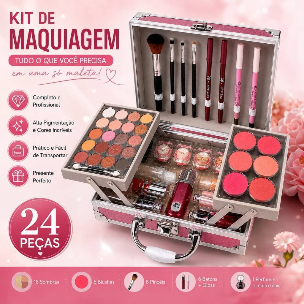 Maleta de Maquiagem Completa 24 Peças Profissional com Sombras Blush Batons Presente Feminino