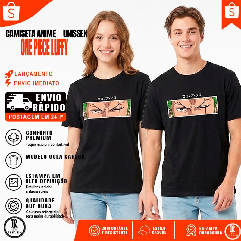 Camiseta Anime Mundo Geek Camiseta Malha Algodão 30.1 Linha Premium Unissex  Anime One Piece Zoro Eyes Envio Rápido