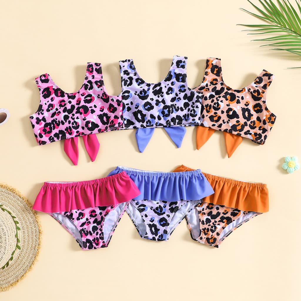 Leopardo Crianças Meninas Biquinis Conjunto Verão Praia Duas Peças Terno De Natação Do Bebê Menina Roupa De Banho Bowtie