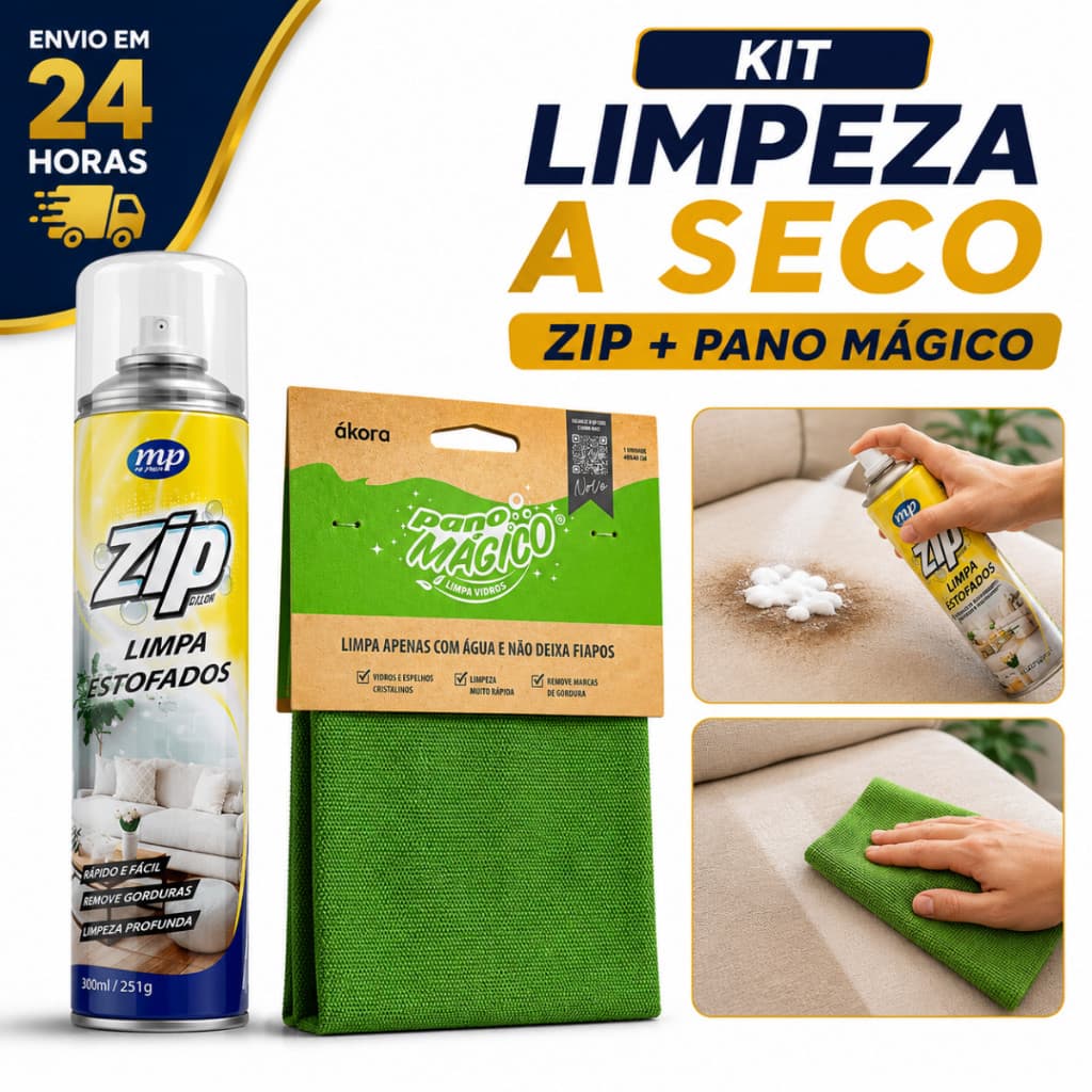 Kit Pano Mágico Limpeza Ákora + Limpador Spray Zip 300ml Estofado Espuma Sofá Cama Carro Poltrona