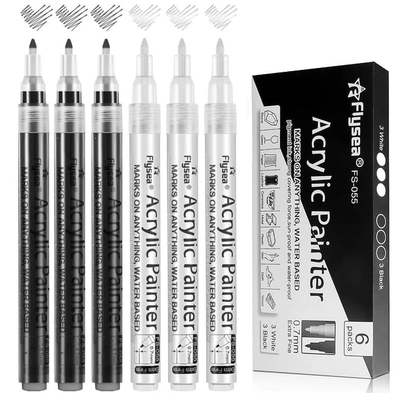 Canetas De Tinta Acrílica Preta E Branca , 6 Peças , Marcadores 0.7 mm Extra Finos , Ponta Média De 3 , À Prova D'água