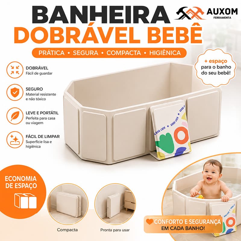 Banheira Dobrável Bebê Portátil Infantil Compacta Grande Fácil de Guardar Resistente