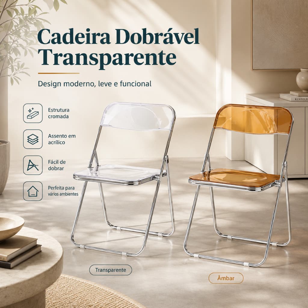 Cadeira Dobrável Acrílico Transparente E Âmbar, Estrutura Metálica Cromada, Leve E Compacto Para Ambientes Internos