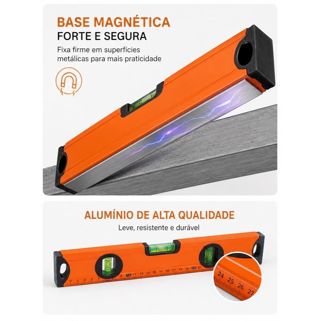 Nível De Alumínio Com Base Magnética Fertak Tools 30cm Com 3 Bolhas Amarelo Nivel Magnético