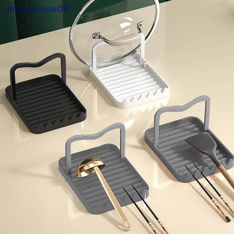 Mesa de cozinha multifuncional dobrável com suporte para tampas de panelas e organizador de utensílios.