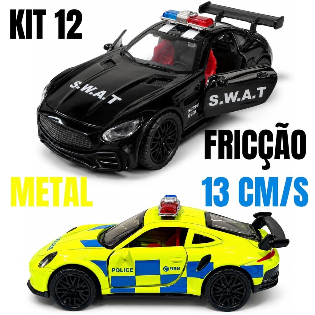 Kit 12 Carrinhos Policiais de Metal 13cm com Fricção Modelos Sortidos