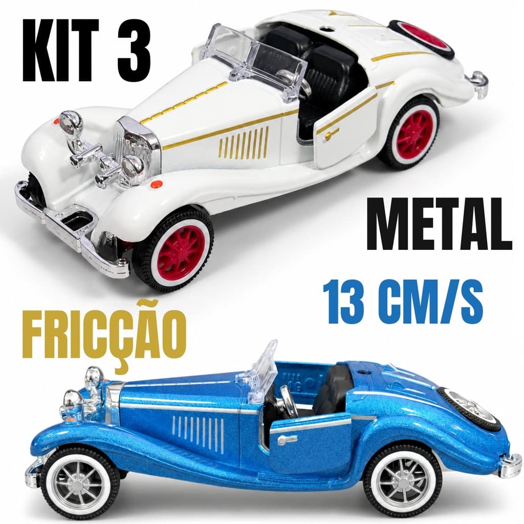 Kit 3 Carrinhos Roadster Clássicos 13cm de Metal com Fricção