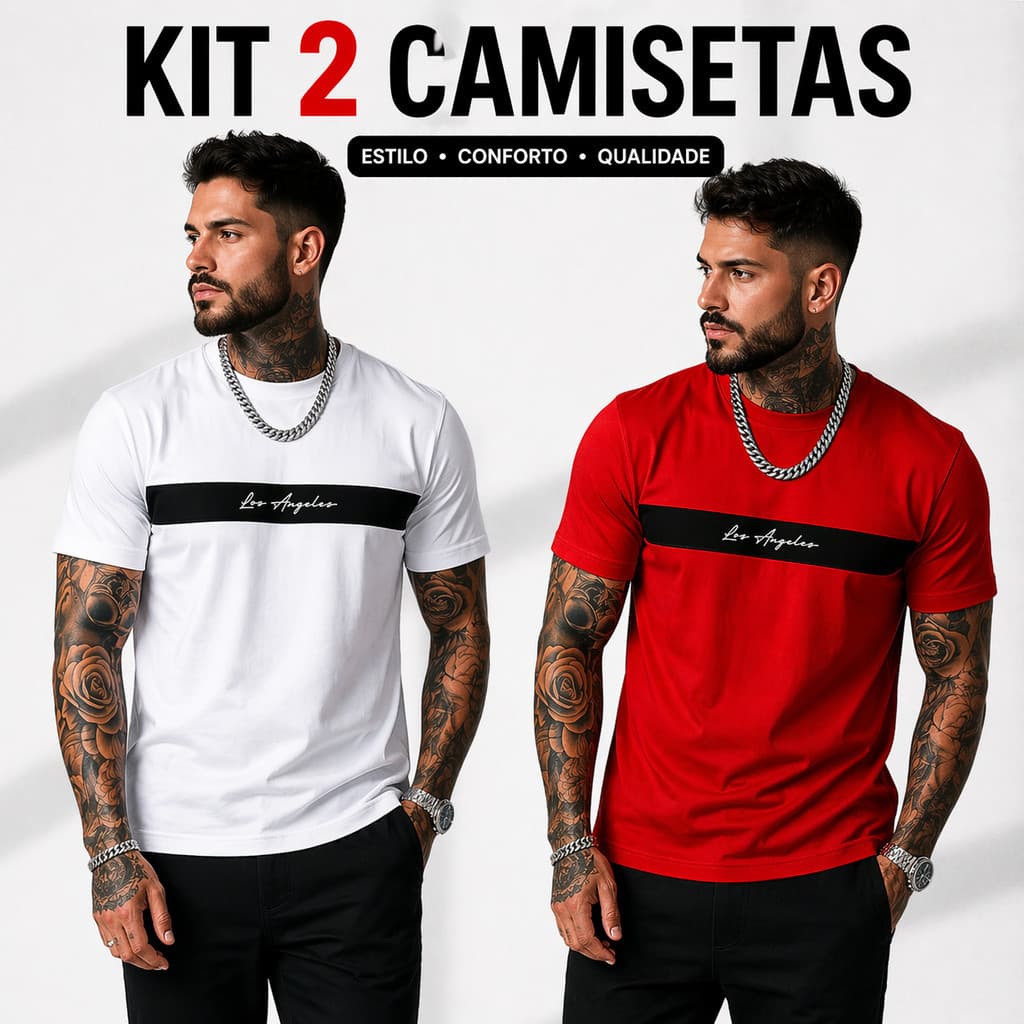 Kit 2 Camiseta Masculina Algodão Camisa Estampada Los Angeles Confortável Premium